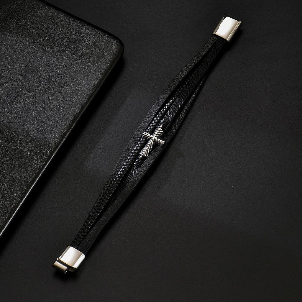 Fashionable Cross Pattern Multi-layer Woven Leather Bracelet Hot Selling Cross-border Source Trendy Men's Accessories