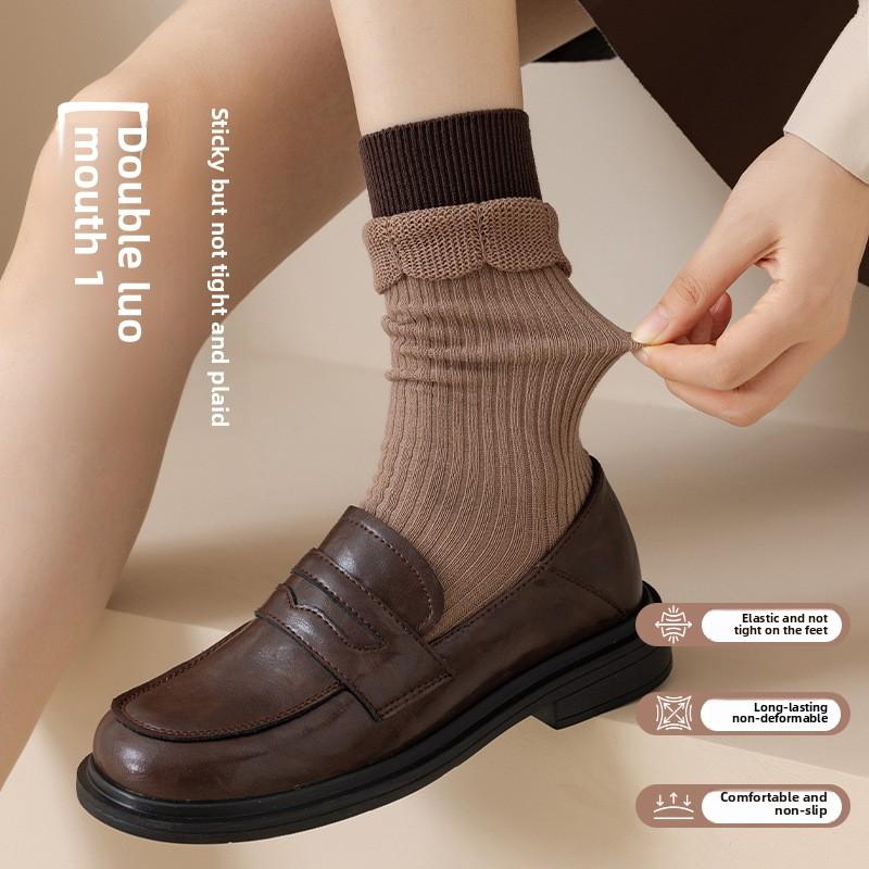 Носки женские весна и осень, хлопковые носки средней длины с двойным рубчиком, осенние и зимние носки с ворсом Yuezi и широким носком