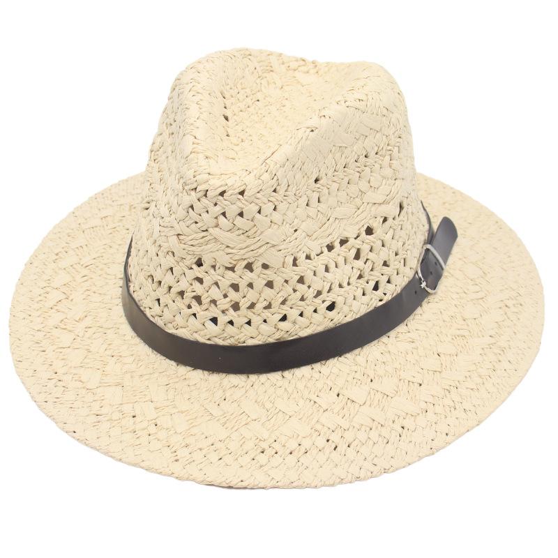 Hollow Weave Panama Straw Hat Black Belt Accessories Flat Edge Men'S Hat