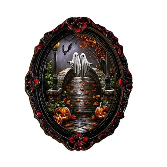Halloween Seasonal Room Ornaments Wooden Refrigerator Magnets, Vintage Gothic Oval Frame Fridge Magnets with Witch Retro Photo Decor Ghost Castle Art,