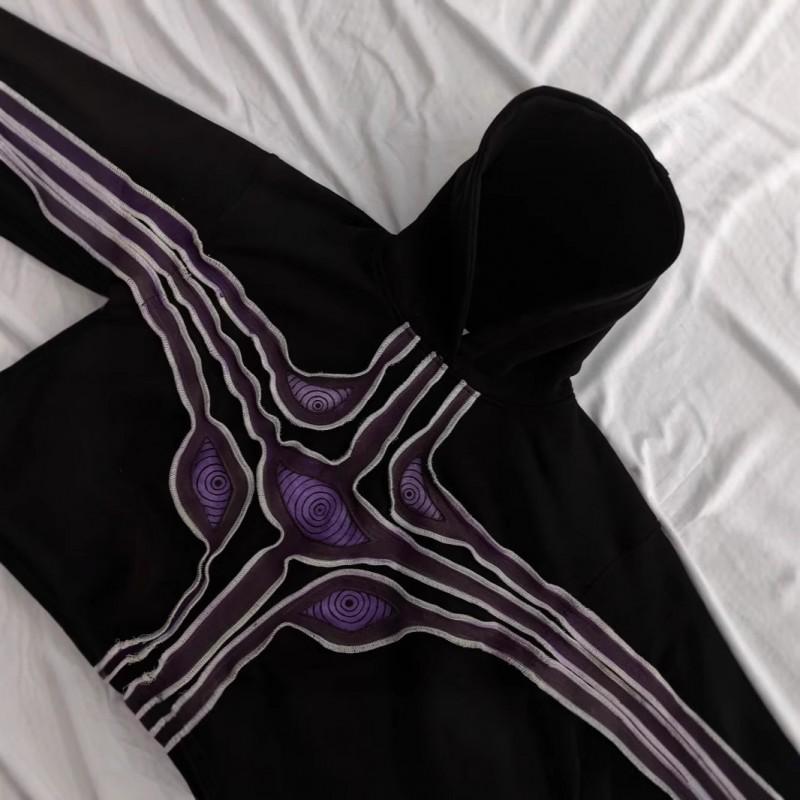 Unisex Oversized Streetwear Hoodie Black Embroidered Demon Eye Graphic Loose Fit Crewneck Sweatshirt