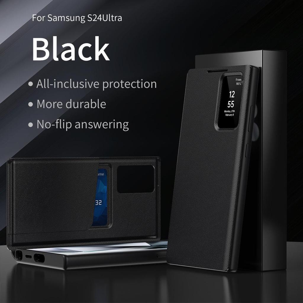 Кожаный чехол-книжка Samsung S25 Ultra с умным окошком и слотом для карт для S23 - Ответ без открытия и защита
