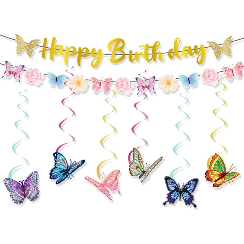 Butterfly Cake Toppers Set Party Supplies Hanging Swirls Colorful Banners Paper Texture for Creative Butterfly Dessert