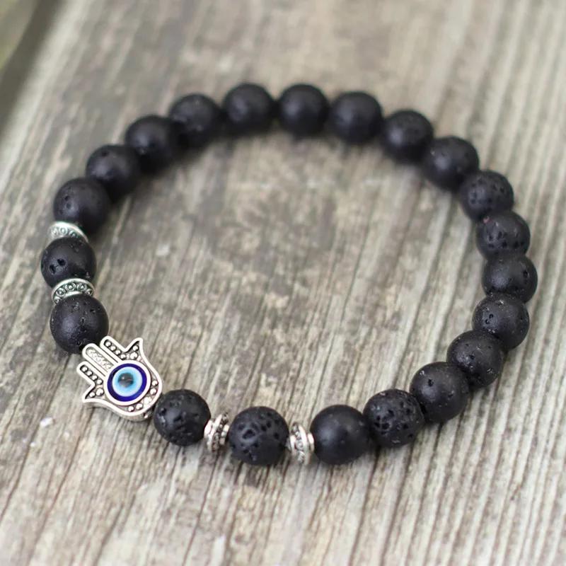 Evil Eyes Bracelet For Men Women Gothic Fatima Hand Braclet 8mm Natural Lava Lapis Lazuli Stone Beaded