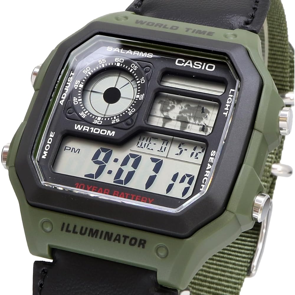 Цифровые часы Casio с мировым временем AE-1200WHB-3BV Зеленый ремешок из смолы Водонепроницаемость 100м