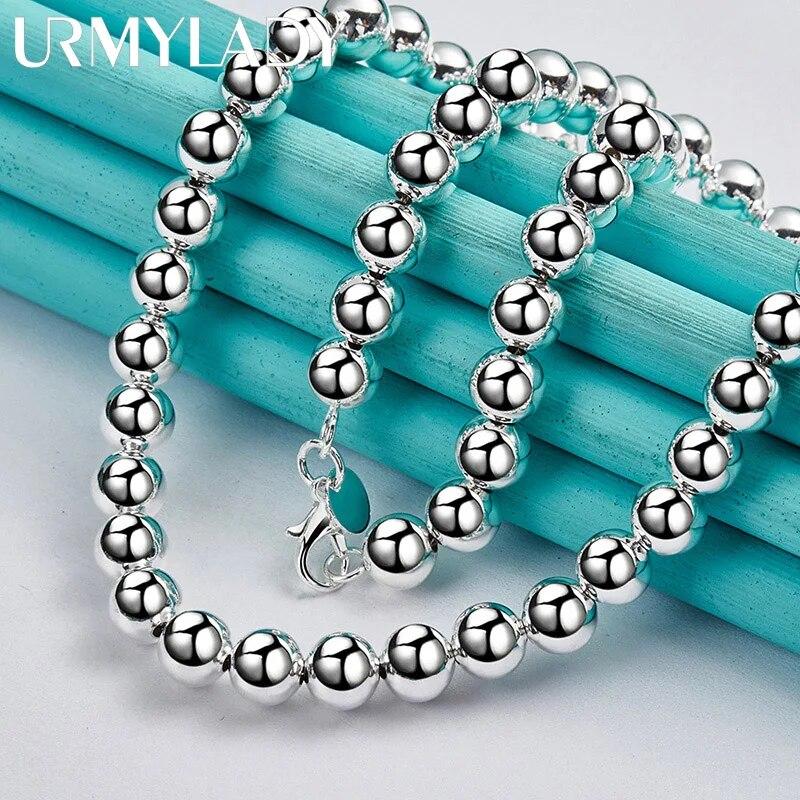 925 Sterling Silver 8mm Bead Chain 18 Inch Necklace For Women Wedding Party Fashion Charm Jewelry