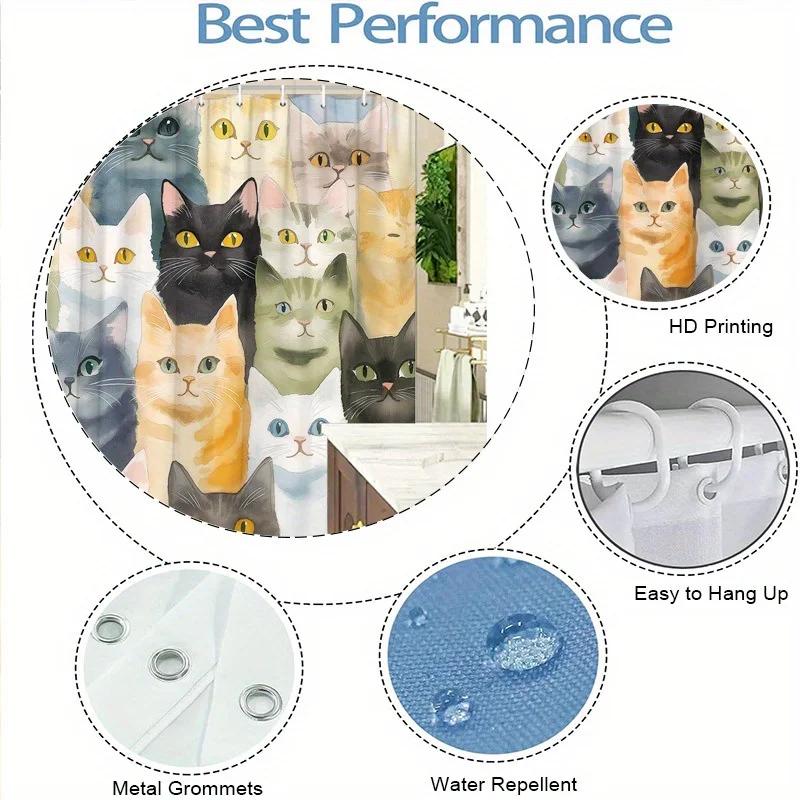 Красочная шторка для душа с кошками - Водостойкая, Легко моющаяся, Добавляет веселый и художественный штрих в декор вашей ванной комнаты