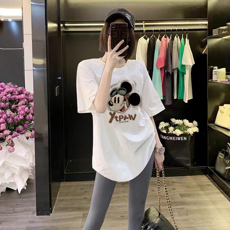 Butt Cover Top Loose Black Cotton Round Neck Short-sleeved T-shirt for Women In Summer Curved Hem Slit Medium Length