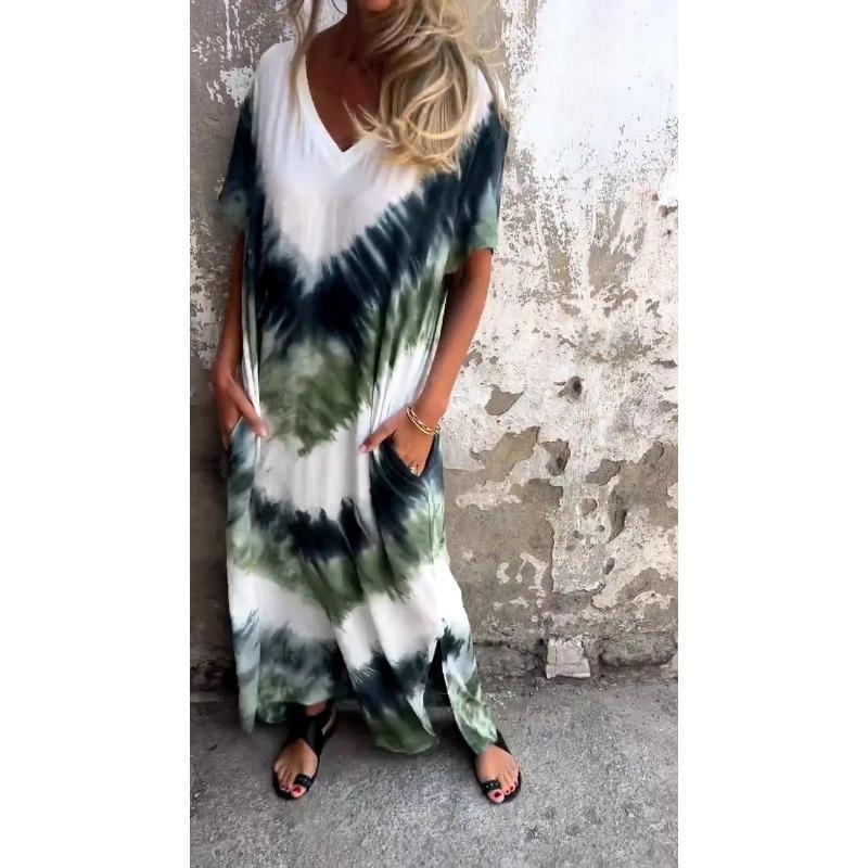 YYFS Women's Fashion Summer Spring Colour Block Print Short Sleeve V-Neck Loose Waistline Casual Dresses