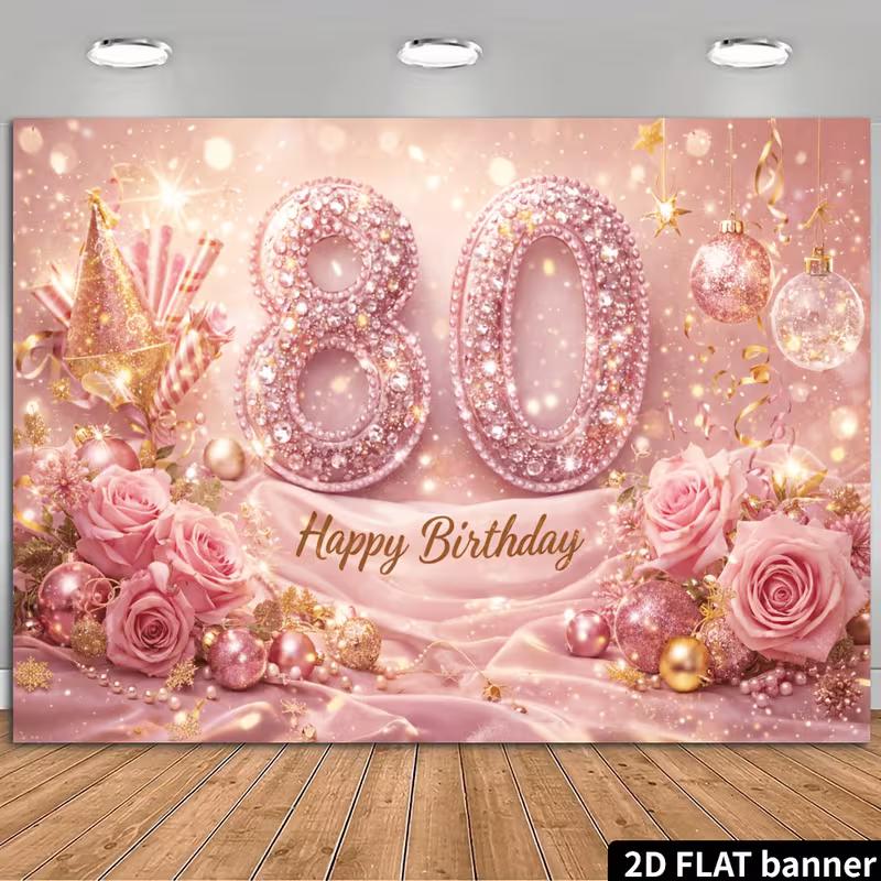 2D Glitter Pink Silk & Rose 80th Birthday Photography Background