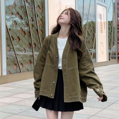 Армейская зеленая джинсовая куртка для женщин весна и осень новая повседневная куртка в стиле ретро для работы в офисе маленькая мужская куртка верхняя часть