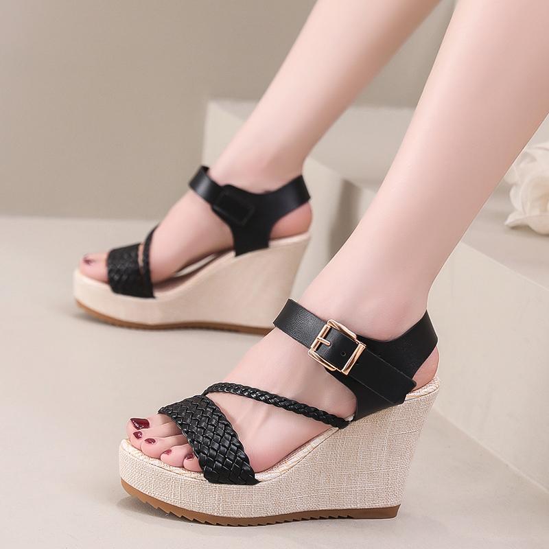 Fashion Summer Super High Heel Thick Bottom Wedge Heel Sandals Women Waterproof Platform One-strap Non-slip Leather Sandals Large Size