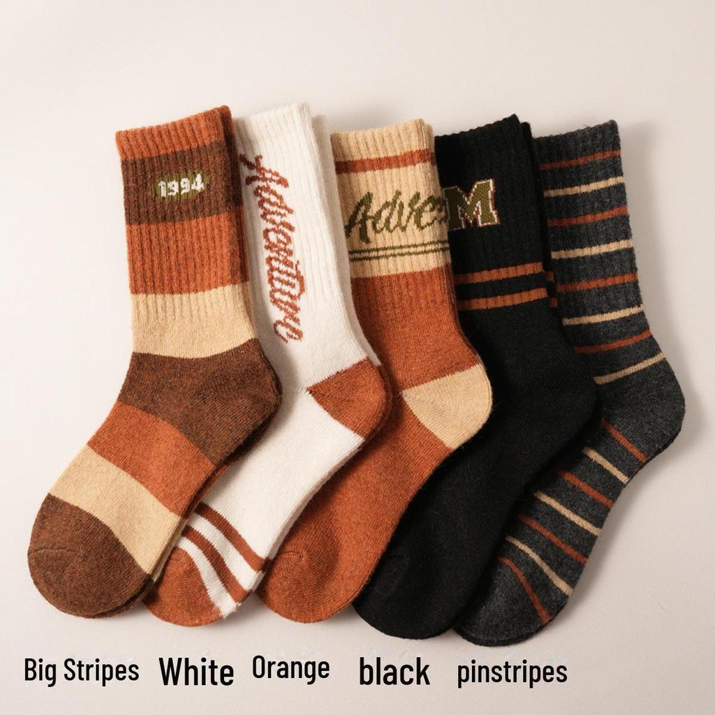 Women's Wool Socks - New Autumn/Winter Korean Striped Mid-Tube with Lettering, Heat-Storage, Warm, Trendy Pile Socks