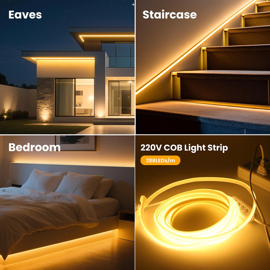 AC 220V/110V Timing Dimmable COB Neon Strip EU/UK/US Kit 288LEDS/M Waterproof 3000K/4000K/6000K Flexible Light for Home Decor