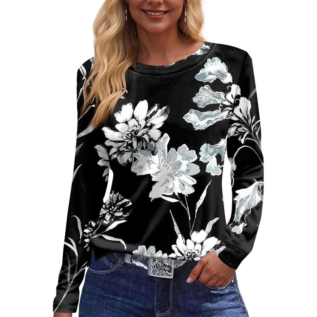 Women's Fashion Casual Slit Hem Round Neck Long Sleeve Loose Printed T-Shirt Ladies Top
