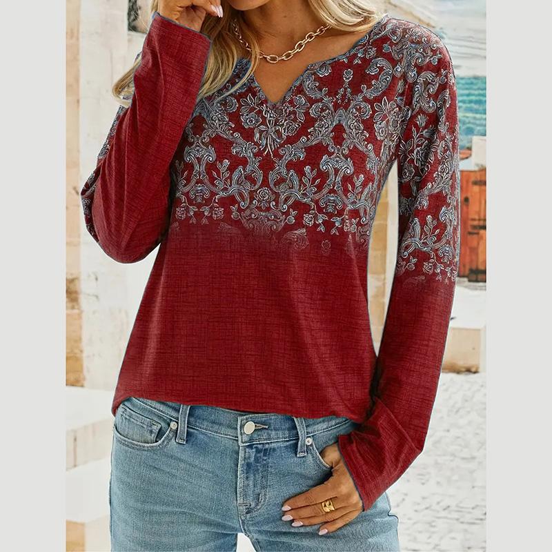 Модные женские пуловеры с длинным рукавом и V-образным вырезом, футболка, блузка, топ с цветочным принтом