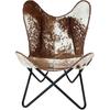 Handmade Leather Living Room Butterfly Chair Side Hand Stitch Leather Butterfly Chair with Folding Iron Frame Chair (Hairon White & Dark Brown)