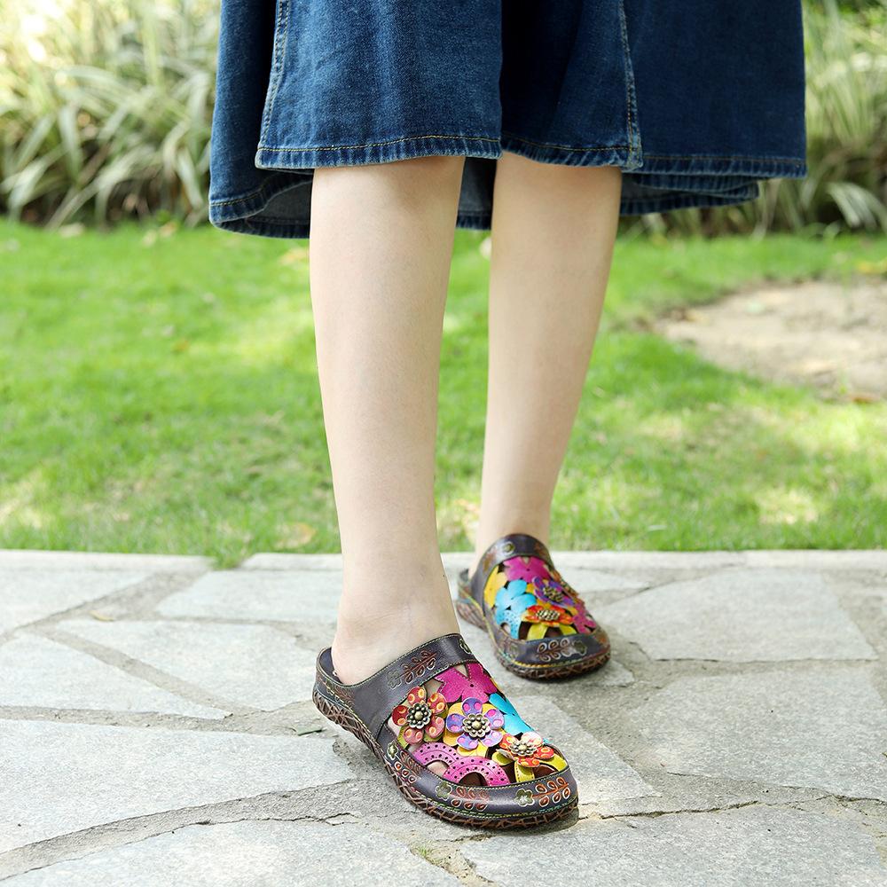 Johnature Тапочки Женская обувь Натуральная кожа Раскрашенные вручную наружные шлепанцы Сандалии ручной работы на плоской подошве с цветами