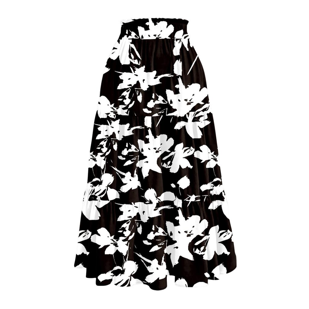 Women's Flowy Flared Ruffle Hem A Line Maxi Skirts Elastic Waist Elegant Tiered Layer Boho Long Skirts