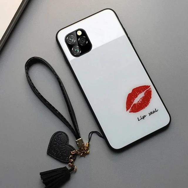 Модный чехол для телефона из закаленного стекла с рисунком губ для OPPO Reno 11 Pro 10 Pro Plus, противоударная жесткая задняя крышка для Reno 9Pro Plus со шнурком с кисточкой