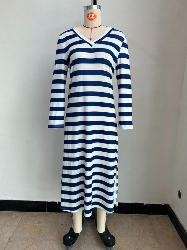 Женское свободное платье Temperament с V-образным вырезом, двухцветной полоской и длинными рукавами и разрезом