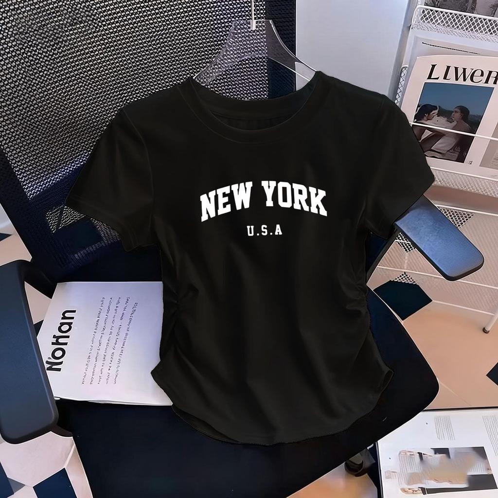 Женская эластичная футболка с акцентом на талию New York USA с принтом, короткий рукав, круглый вырез, топ-футболка, графические футболки