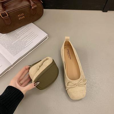 Французские красные туфли-лодочки женские туфли весна 2025 новая фея стиль бант замша мелкий вырез универсальные туфли-бобы