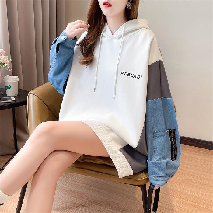 Women's Hooded Long Sleeve Oversized Casual Top Color Block Denim Splicing Letter Print Loose Fashion Hoodie Blouse