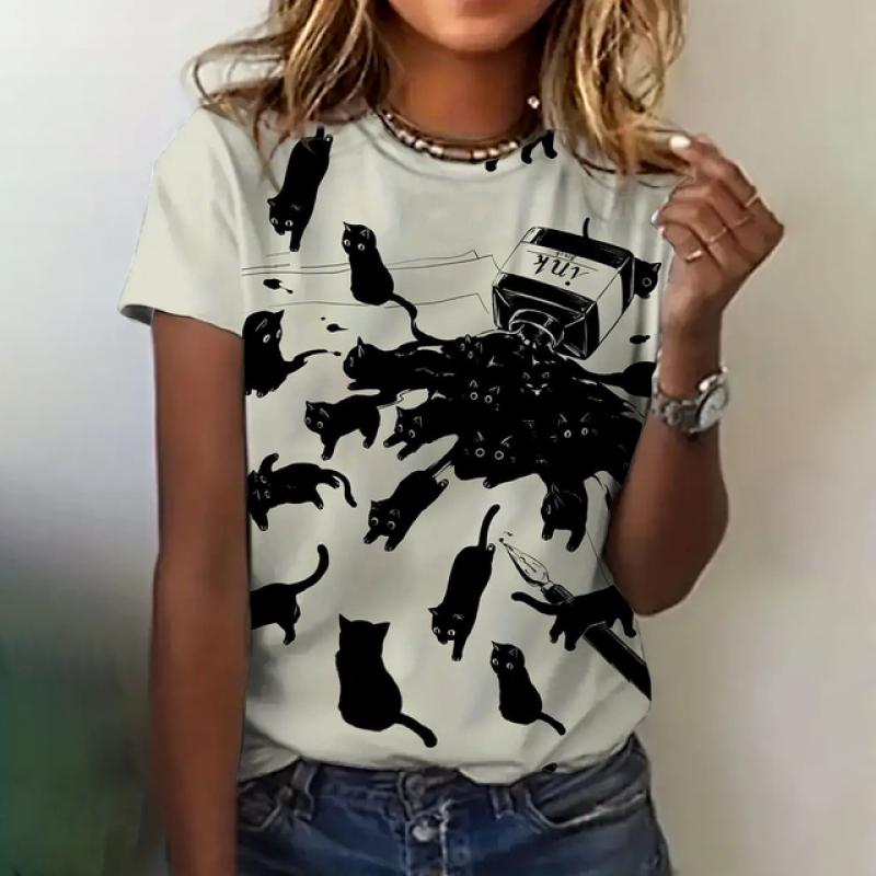 Женская футболка с принтом кота, летняя одежда с круглым вырезом и коротким рукавом, свободный повседневный топ с милым принтом, женская модная футболка с коротким рукавом