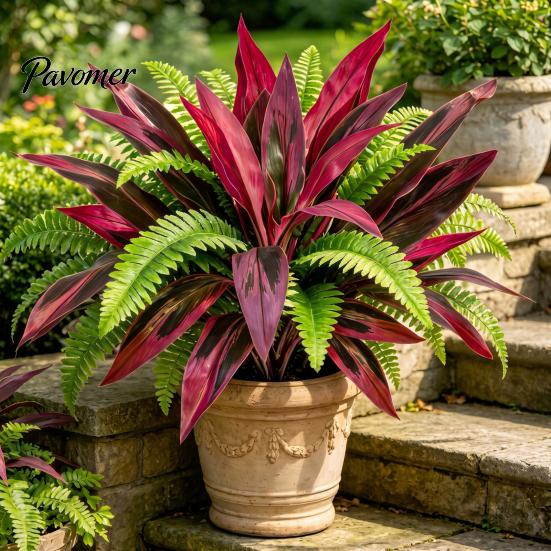 Faux Plant for Living Room Artificial Fern And Red Dracaena Plants, UV Resistant Decorative Plant, Porch Realistic Plants Indoor Outdoor Home
