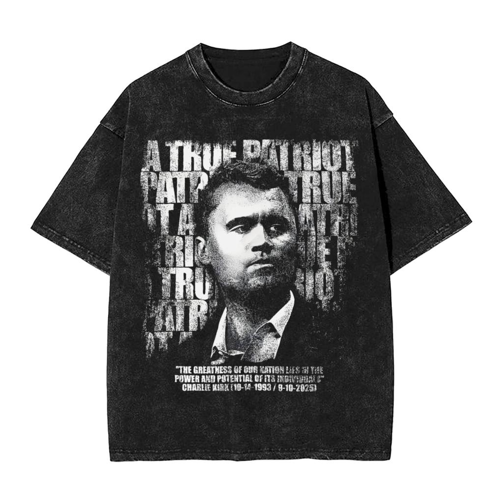 Washed T Shirt Charlie Kirk A True Patriot Hip Hop Vintage Tshirt High Street Streetwear Short Sleeve Graphic Tops Tops Tees