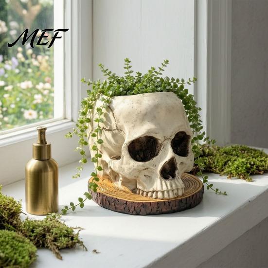 Gothic Home Decor Halloween Retro Skull Planter, Spooky Human Head Flower Pot, Skeleton Holder Candy Bowl Decoration for Tabletop Bar Office