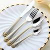 24 PCS Vintage Western Gold Plated Dinnerware Dinner Fork Knife Set Golden Cutlery Set Stainless Steel Engraving Tableware