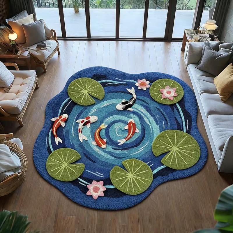 Round Koi Fish Lotus Pond Printed Area Rug Non Slip Water Absorbent Circular Floor Mat Living Room Home Decor