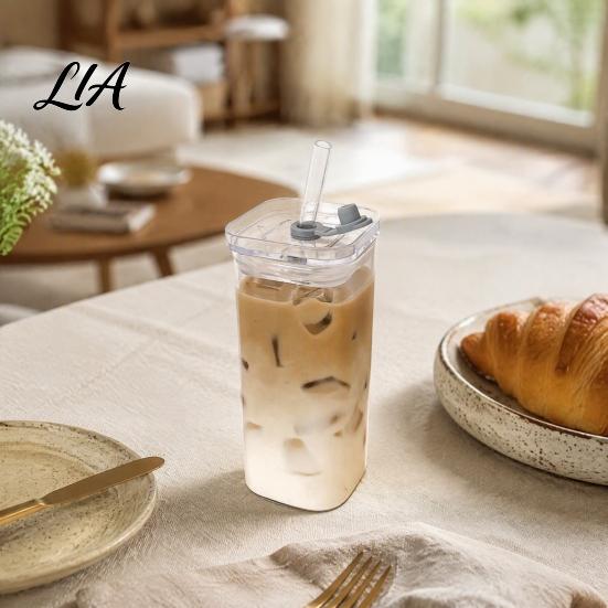 Versatile Glass Cups for Smoothies Cup with Lid And Straw, Square Clear Borosilicate Heat Iced Coffee Glassware Home Office Resistant Tumbler,
