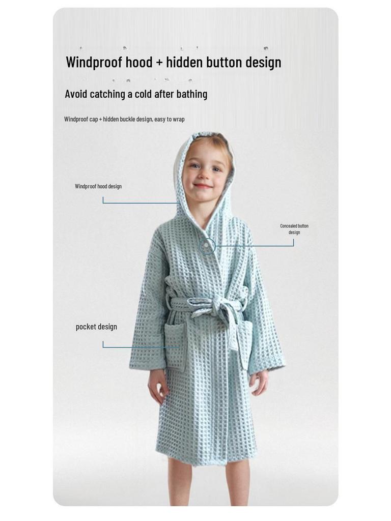 Drizzle Kids' Pure Cotton Hooded Quick-Dry Waffle Bathrobe