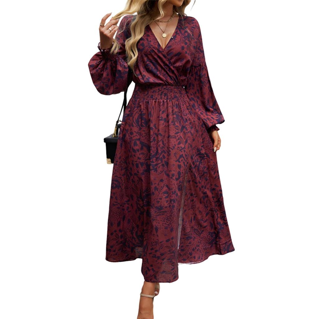 Женское платье повседневное с V-образным вырезом и высокой талией, с винтажным цветочным принтом и длинными рукавами