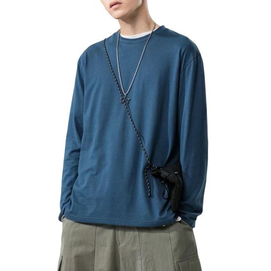 Мужская рубашка с круглым вырезом и длинным рукавом, мягкая дышащая футболка, однотонная, свободный крой, весна-лето, повседневные топы