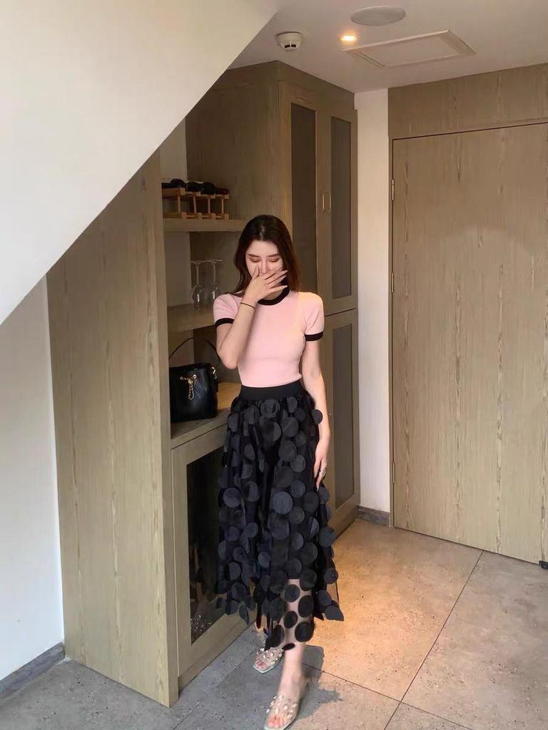 Women's European-Style Black Midi Skirt - 2025 High-End Mesh A-Line Umbrella Design