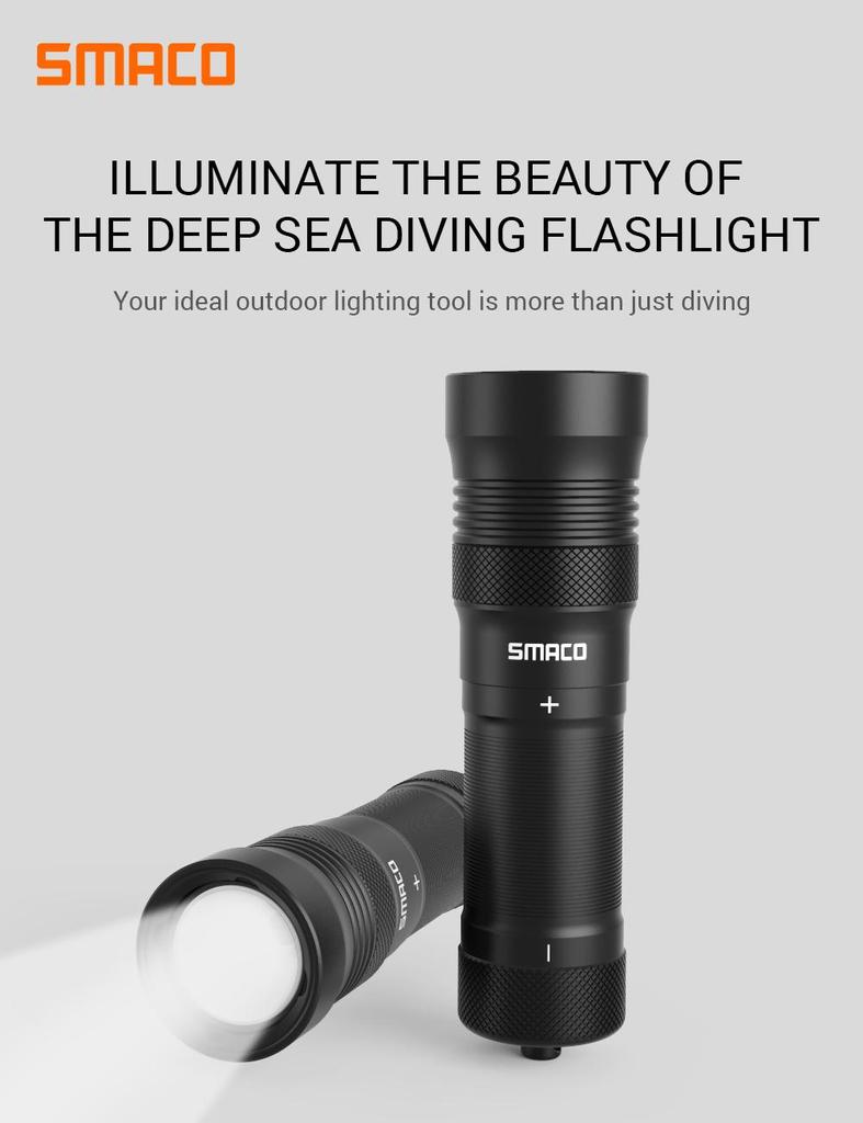 Светодиодный фонарик SMACO IPX8 Водонепроницаемый для дайвинга и активного отдыха - черный