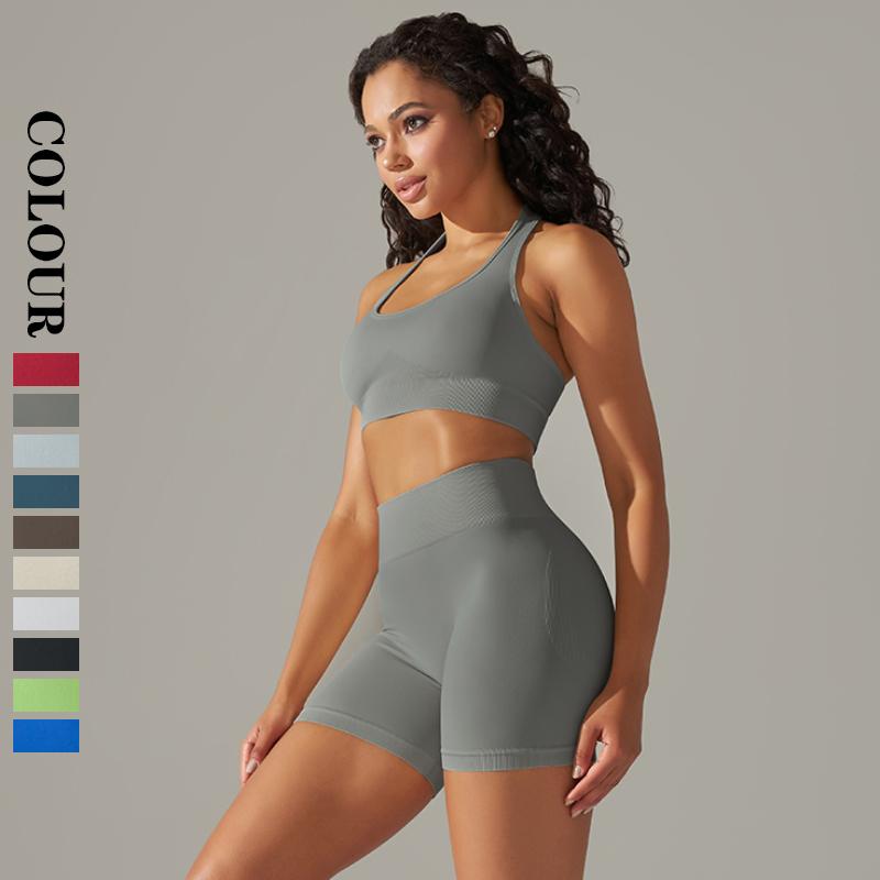 Nessaj Seamless Yoga Set Women Fitness Outfits Peach Hip Shorts Suit Shockproof Sports Bra Gym Running Suits