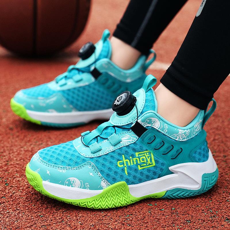 Спортивная обувь для мальчиков 2025 года, детская обувь с вращающимися кнопками и сеткой, кроссовки для детей среднего и старшего возраста, баскетбольные кроссовки с двойной сеткой