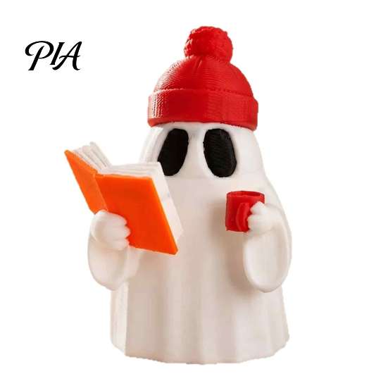 Ghost Sculpture 3D Printed Halloween Figurine, Red Hat Reading PLA Statue Statue, Holding Coffee for Holiday Party Decoration Spooky Decor