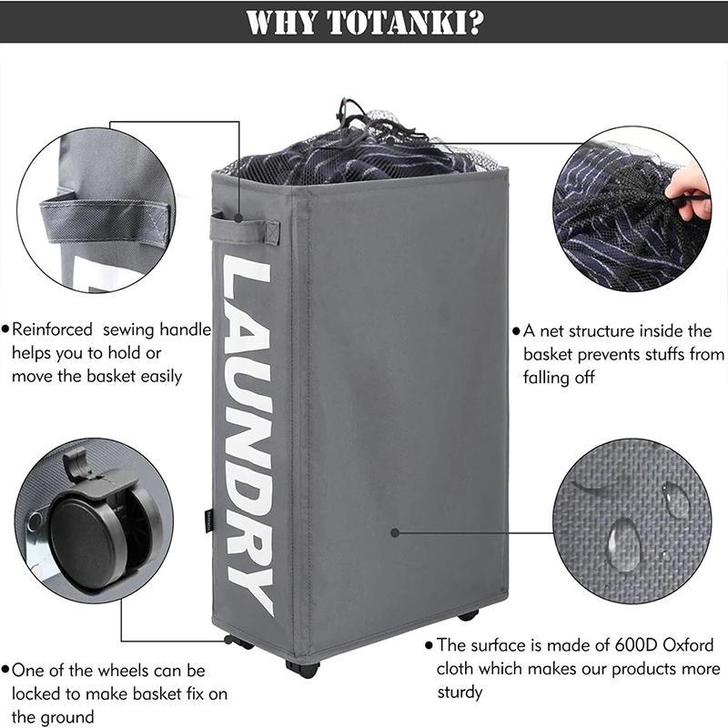 Foldable Slim Laundry Basket with Wheels Laundry Hamper with Handle Dirty Clothes Organiser Yoga Mat Equipment Storage Basket