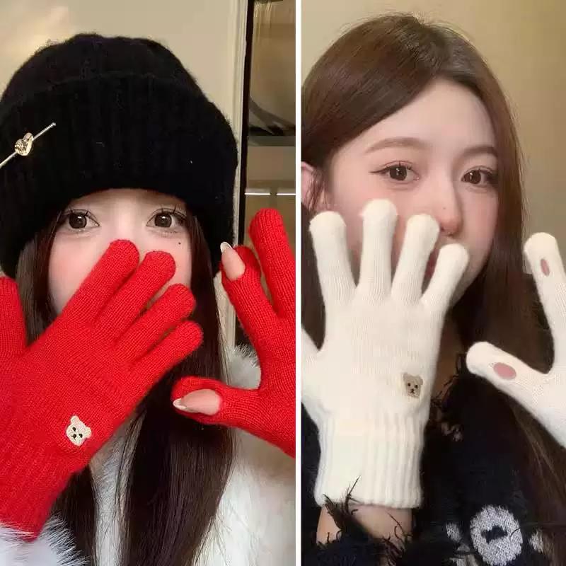 Red Cute Windproof Knitted Wool Gloves for Women, Cotton Warm Anti-Cold Fingerless Touchscreen Gloves for Cold Weather Cycling in Winter