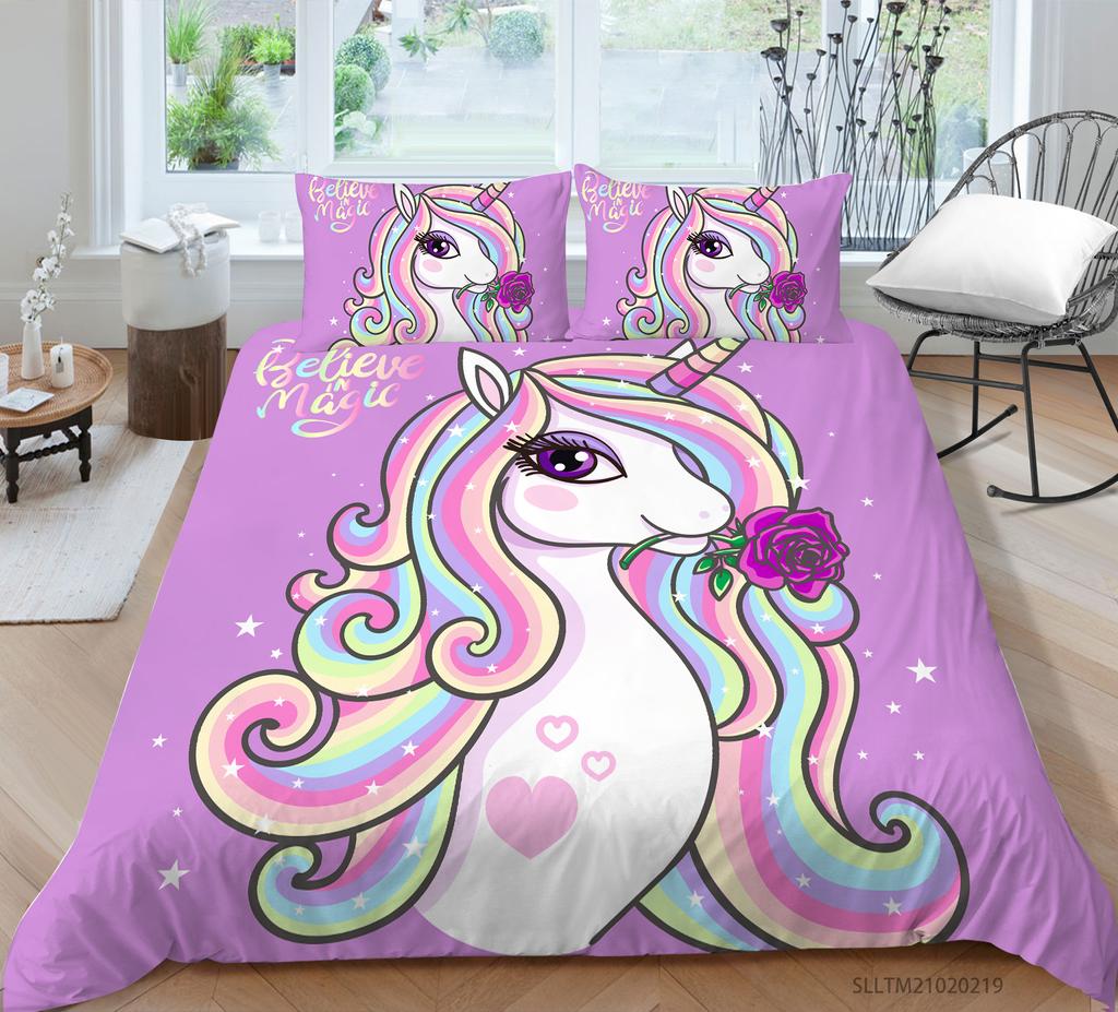 Unicorn Bedding Single Double Bed Full-size Cartoon Unicorn Printed Pillowcase and Quilt Cover 2 or 3 Home Decoration for Girls and Children's Room