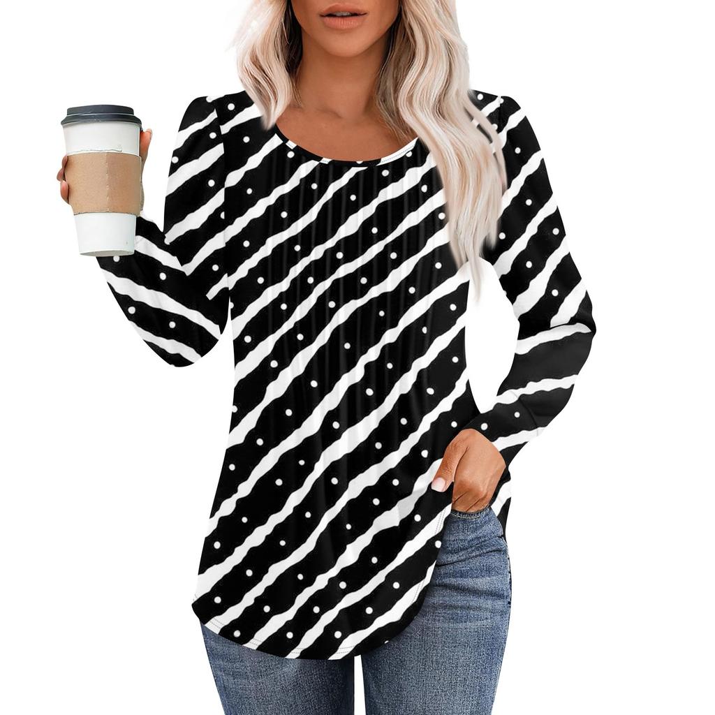 Рубашки с длинным рукавом для женщин, топы, нарядные повседневные блузки, плиссированные топы-туники с круглым вырезом