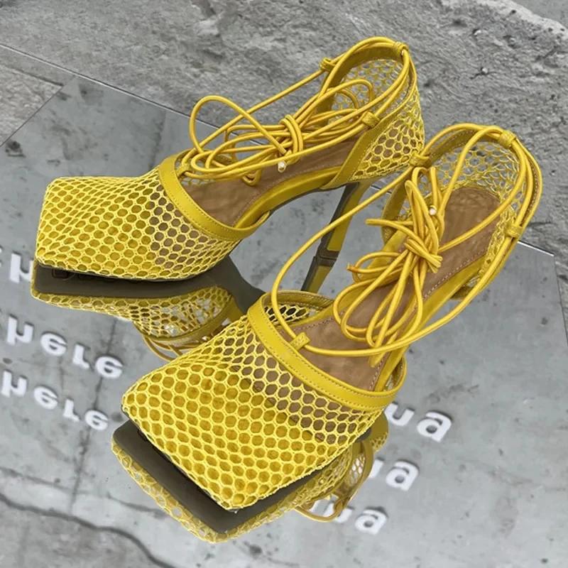 Модные Сексуальные Сетчатые Туфли-Лодочки Сандалии Женские Квадратный Носок Высокий Каблук На Шнуровке Перекрестная Шнуровка Стилет Полые Туфли для Платья