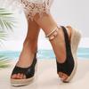 Модные сексуальные черные босоножки с открытым носком женские 2025 лето танкетка ремешок сзади туфли женские повседневные пеньковая подошва пляжные сандалии большой размер 43