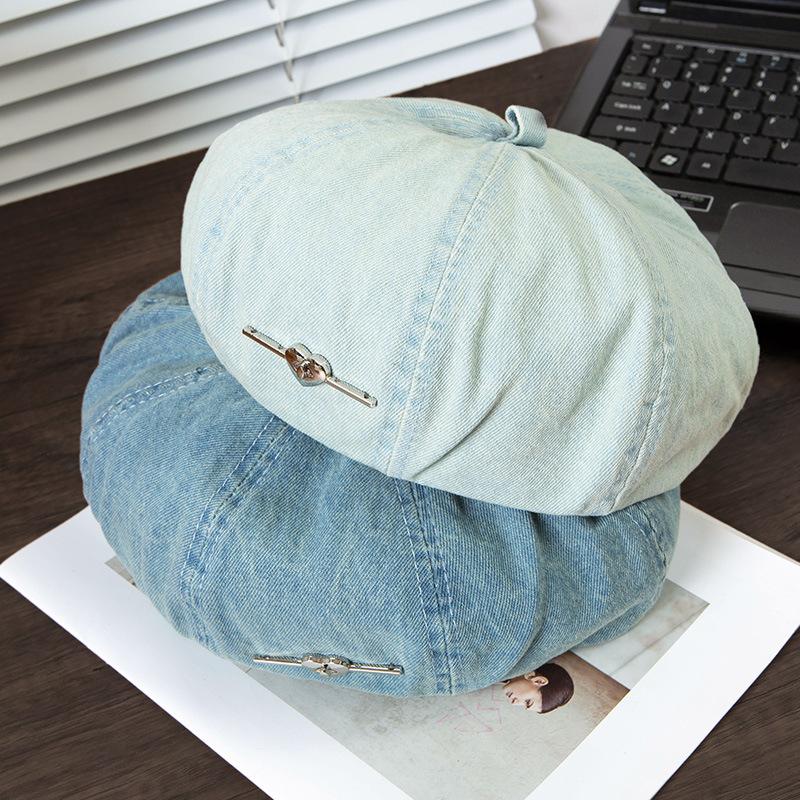Love Metal Sign Cowboy Berets for Women Blue Denim Washed Cotton Octagonal Painter Hat Korean Casual Versatile Retro Newsboy Cap Vintage Painter Hats